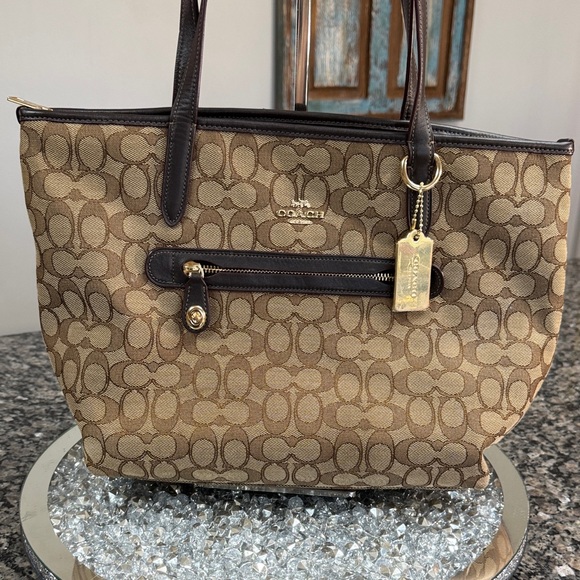 Coach Brown Signature Canvas Tote with Dark Brown Trim EUC - Picture 6 of 16